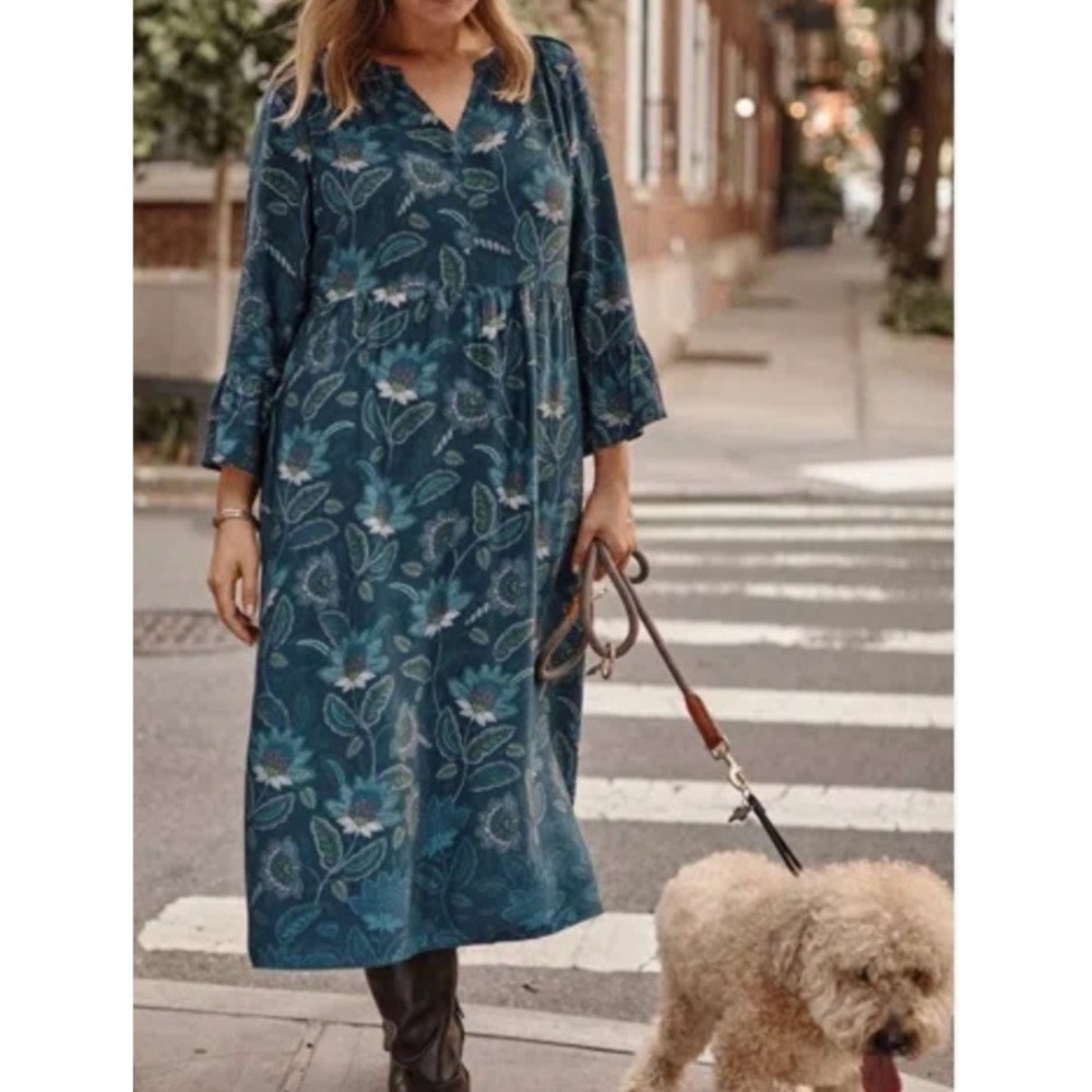 J Jill Sz 2X Midi Dress 'Arboretum' Floral Pockets Bell Sleeves Autumn Flowy EUC